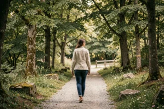 Femme se promenant sur un sentier gravier dans un parc naturel méconnu autour d'Annecy entouré d'arbres et de fleurs sauvages