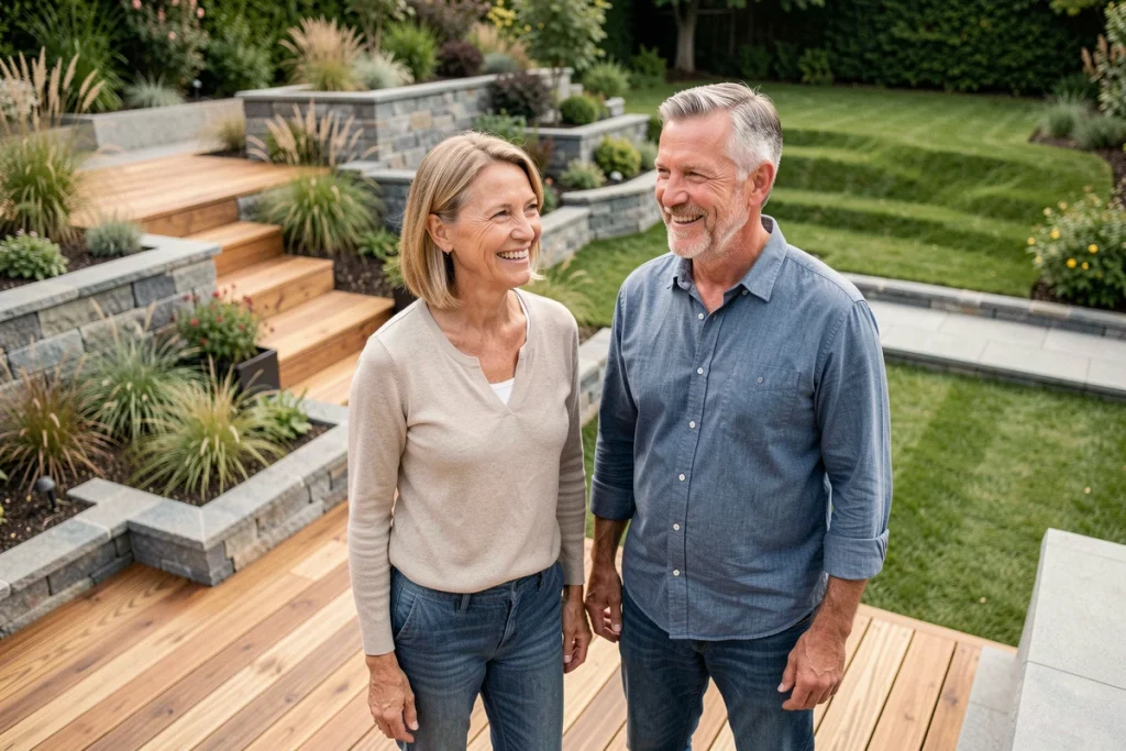 Couple de propriétaires admirant leur jardin de prestige entièrement réaménagé avec terrasse en bois et plantations ornementales