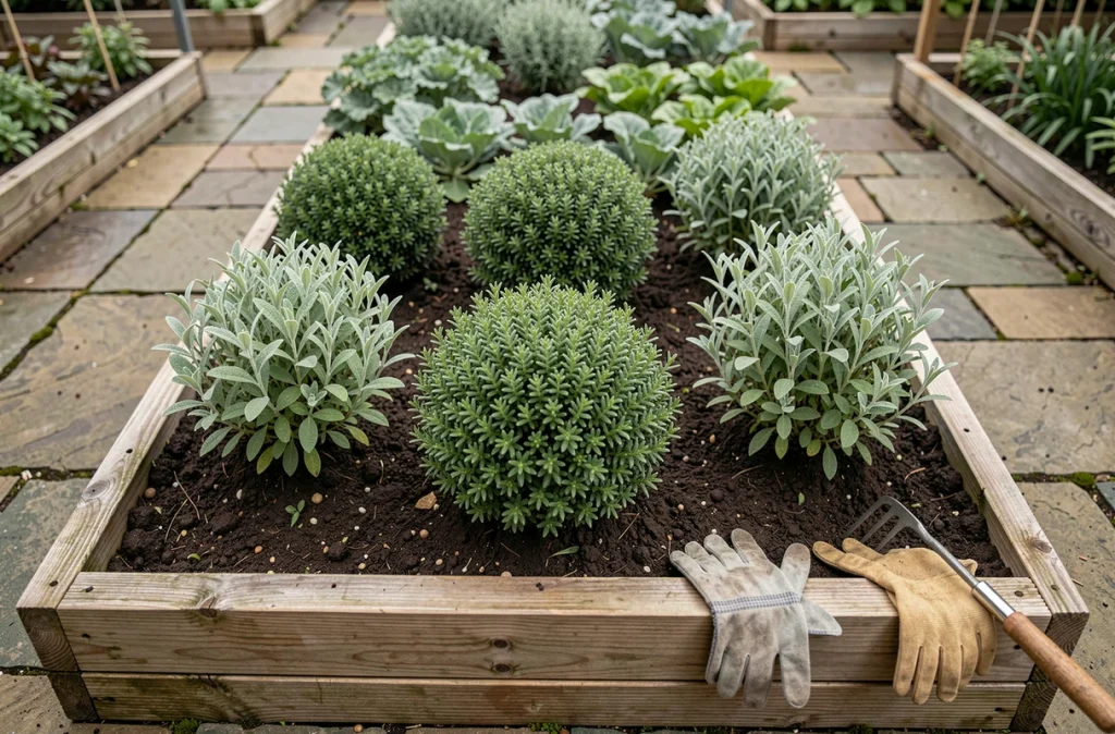 Carrés potagers avec trois sauges arbustives taillées en forme compacte et arrondie, entourées de chemins en pierre et d'un cadre de bac en bois