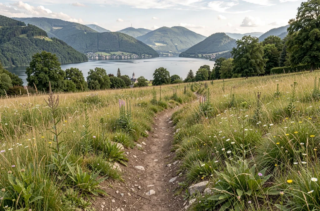 Vue panoramique d'un sentier sinueux dans un parc méconnu en hauteur avec vue sur le lac d'Annecy en arrière-plan