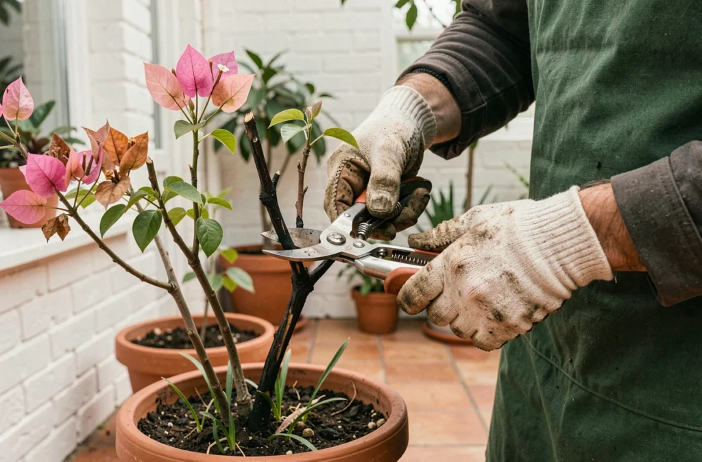Jardinier taillant un bougainvillier en pot à l'intérieur pendant l'hivernage avec un sécateur