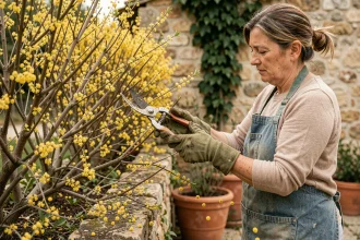 Femme taillant un mimosa en haie avec un sécateur dans un jardin provençal en pierre