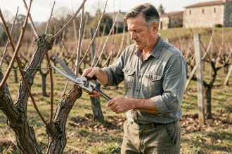 Jardinier taillant un pêcher de vigne avec un sécateur dans un verger en hiver