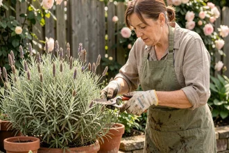 Jardinière taillant une sauge arbustive avec un sécateur dans un jardin de cottage, entourée de bordures en pierre et de pots en terre cuite