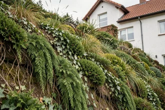 Talus derrière une maison couvert de couvre-sols et de plantes stabilisatrices pour sécuriser le jardin en pente