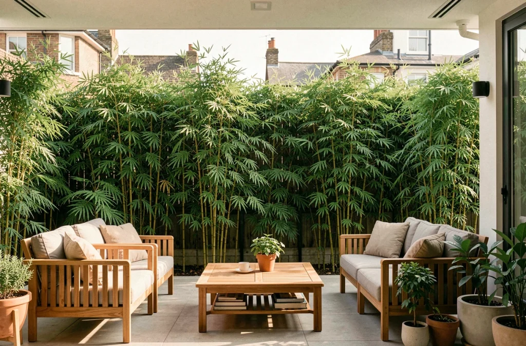 Terrasse de jardin moderne protégée par une haie de bambou non traçant dense offrant une intimité totale
