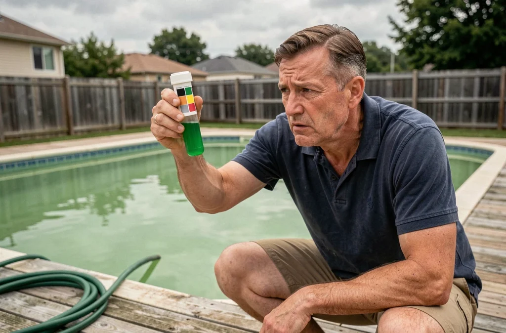 Homme testant la qualité de l'eau verte d'une piscine avec un kit d'analyse après un traitement au chlore choc inefficace