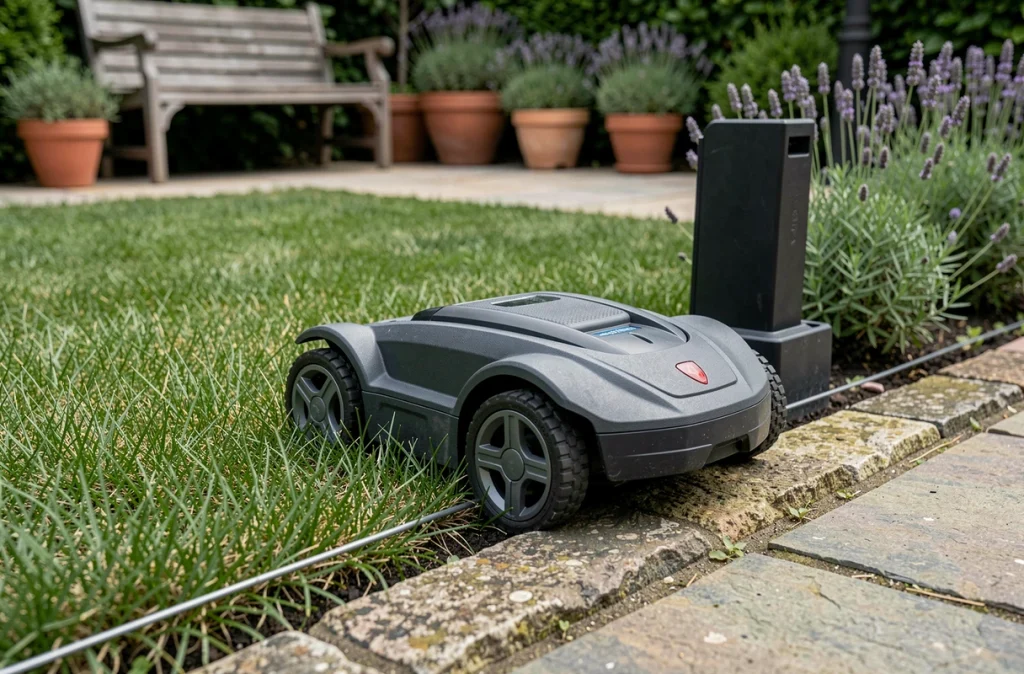 Tondeuse robot compacte sur une petite pelouse résidentielle avec station de recharge