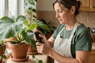 Femme appliquant du savon noir dilué sur les feuilles d'une plante verte pour traiter les fourmis