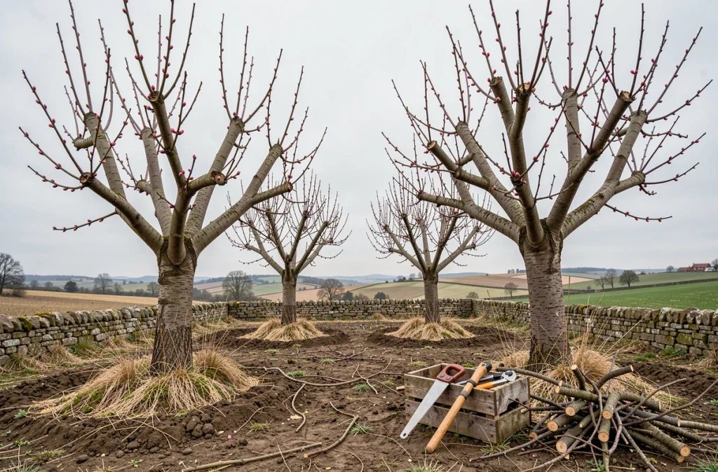 Verger de pêchers de vigne taillés en gobelet au printemps avec outils de jardinage au sol