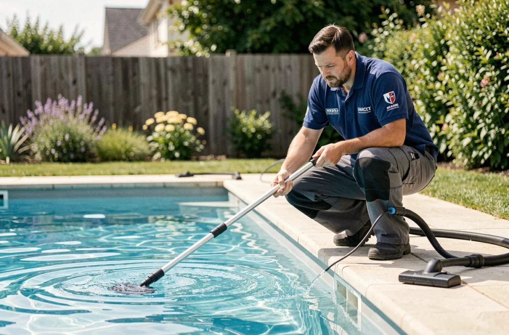 Agent d'Aqua Maint 44 effectuant le nettoyage d'une piscine résidentielle en Loire Atlantique avec un aspirateur de piscine