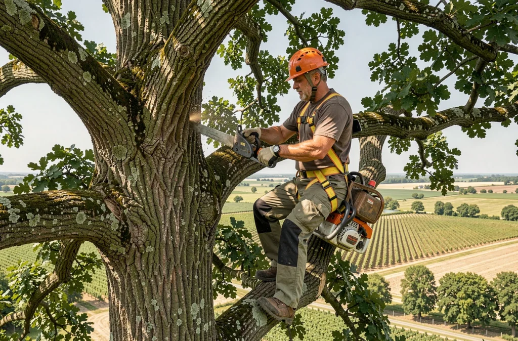 Arboriste en hauteur effectuant un élagage sur un grand chêne en Gironde pour Arbopro Paysage