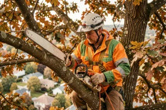 Arboriste grimpeur élagueur en action dans la couronne d'un chêne mature, équipé d'un harnais professionnel et d'une tronçonneuse