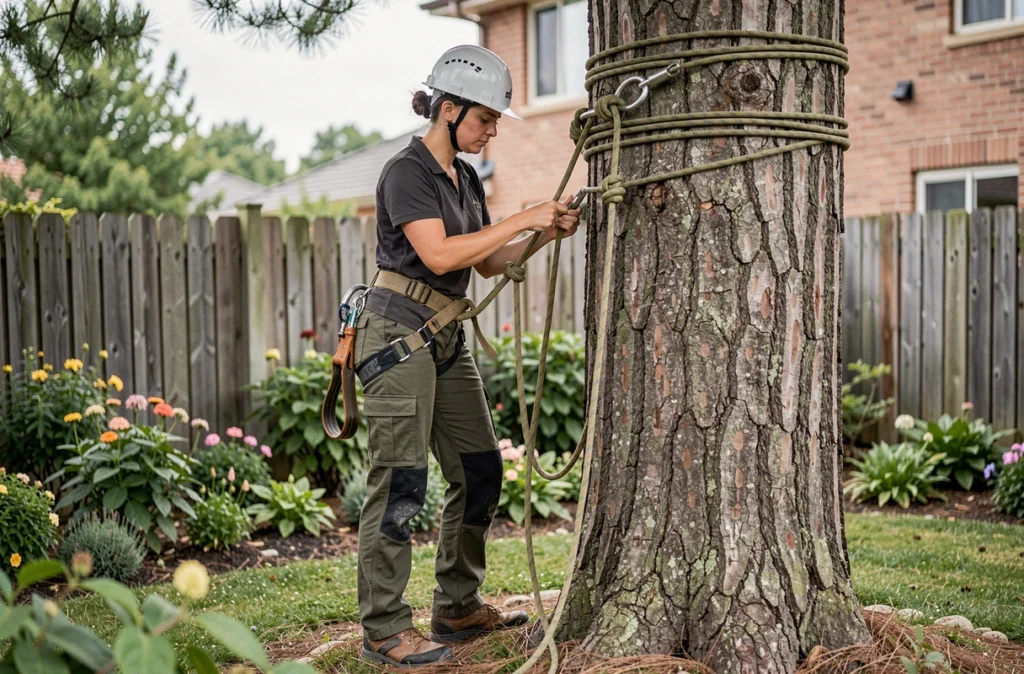 Arboriste grimpeuse inspectant un système de rigging à la base d'un grand pin dans un jardin résidentiel