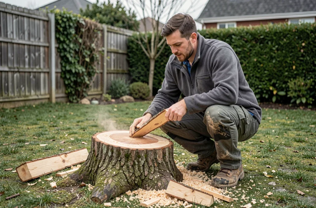 Arboriste inspectant une souche après l'abattage d'un arbre dans un jardin privé