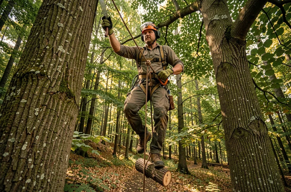 Arboriste grimpeur suspendu entre deux hêtres en forêt lors d'une opération d'élagage avec scie manuelle et système de rigging