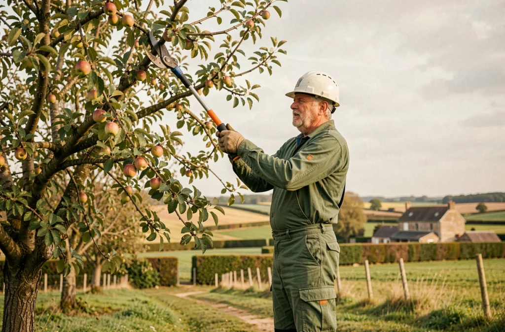 Élagueur du Jardin De La Moine Creation taillant un arbre fruitier dans un verger à Sèvremoine