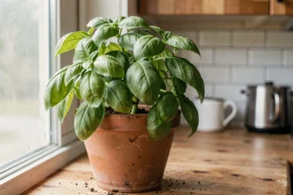 Pot de basilic frais posé sur un rebord de fenêtre en bois dans une cuisine, plante aromatique naturelle pour repousser les mouches