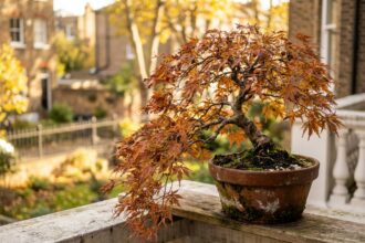 Bonsaï érable du Japon en automne posé sur un balcon en bois avec feuillage rouge et orange dans un pot en terre cuite