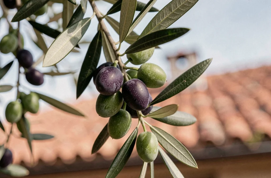 Gros plan sur des branches d'olivier chargées d'olives vertes et violettes, détail botanique évoquant la symbolique spirituelle de l'arbre