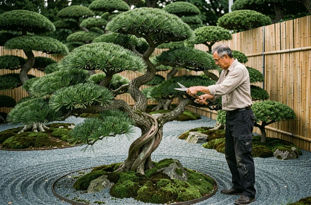 Pins taillés en Niwaki et art topiaire à la pépinière Brenelia à Machecoul, avec des arbres sculptés sur gravier ratissé