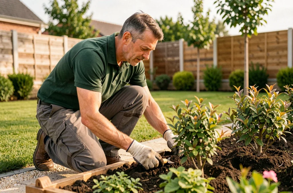 Paysagiste en train de planter des arbustes ornementaux dans un jardin résidentiel à Eysines pour Cassaigne Paysage