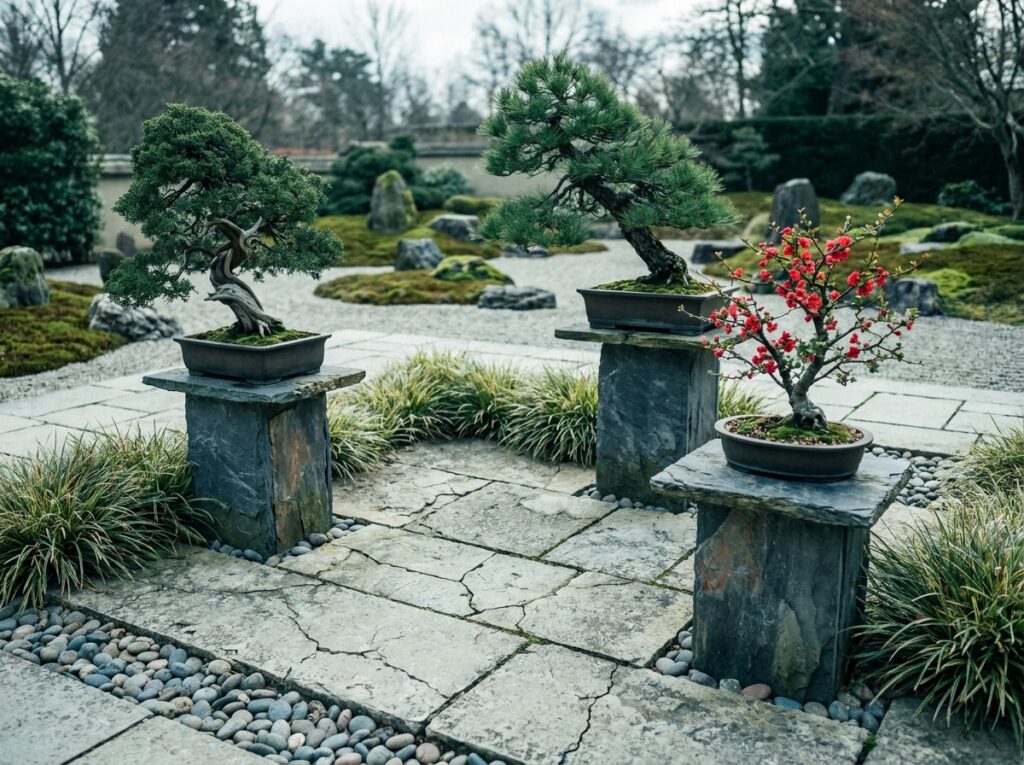 Terrasse en pierre avec trois bonsaïs d'extérieur genévrier pin et cognassier disposés sur des socles en ardoise dans un jardin zen