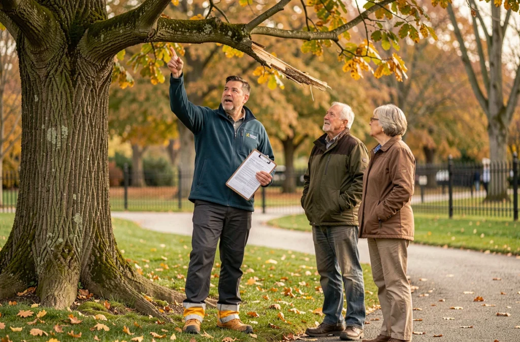 Consultant élagueur expliquant un devis d'élagage à des propriétaires dans un parc public de l'Essonne