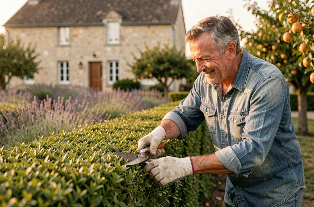 Jardinier expérimenté taillant une haie de buis dans le jardin privé d'un particulier en Gironde pour Coupas Jardin