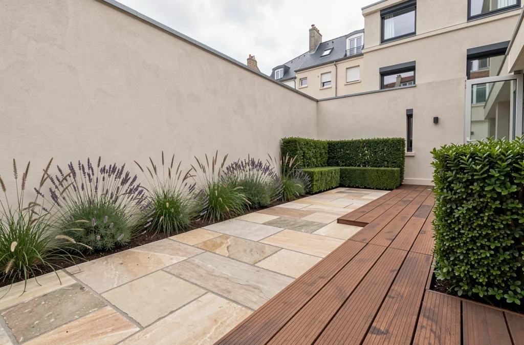 Aménagement paysager contemporain avec terrasse en pierre et végétation ornementale près de Bordeaux par Createck Paysage