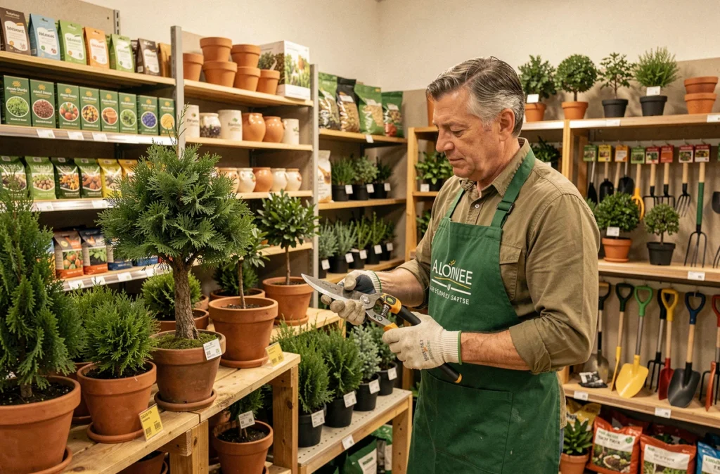 Employé Delbard conseillant un client sur les outils d'élagage dans la jardinerie à Allonnes en Sarthe