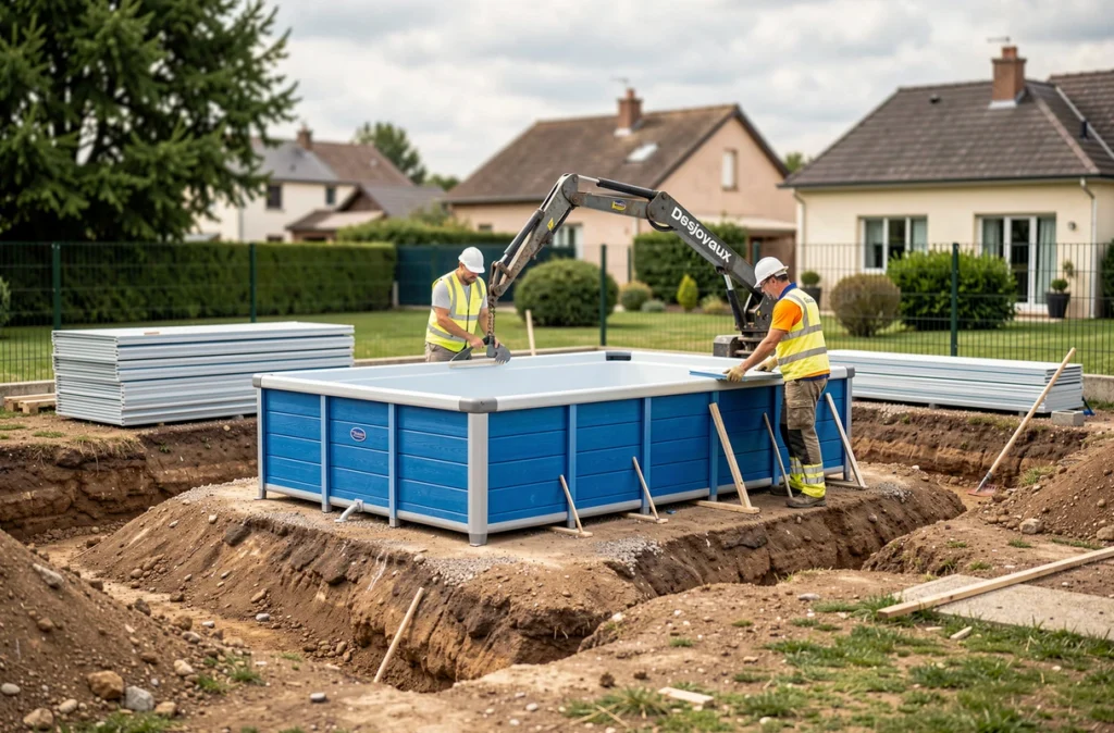 Équipe Desjoyaux Le Mans installant les panneaux modulaires d'une piscine préfabriquée dans un jardin résidentiel de la Sarthe