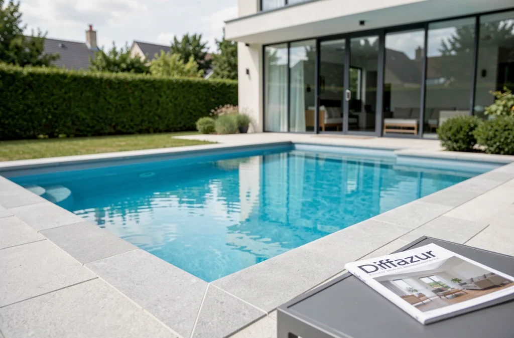Piscine moderne aux lignes géométriques réalisée par Diffazur Piscines à Nantes avec une maison contemporaine en arrière-plan