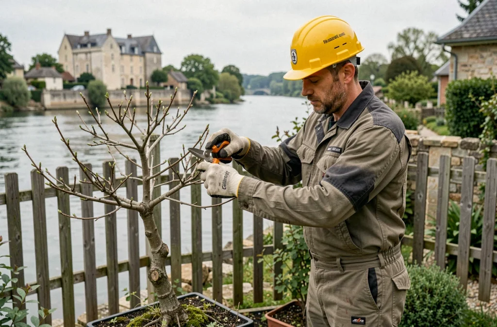 Élagueur de Du Bonsaï au Séquoïa travaillant sur un arbre décoratif à Oudon en Loire-Atlantique