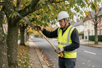 Agent municipal procédant à l'élagage de branches d'arbres débordant sur la voie publique en bordure de trottoir