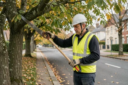 Agent municipal procédant à l'élagage de branches d'arbres débordant sur la voie publique en bordure de trottoir