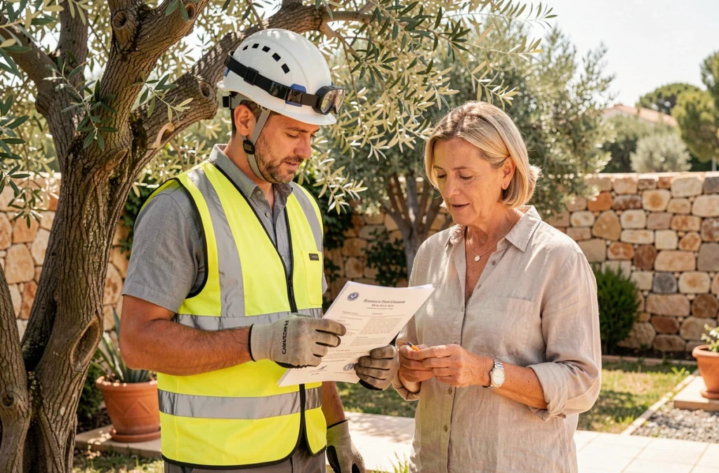 Élagueur présentant ses certifications à une propriétaire dans un jardin à Toulon