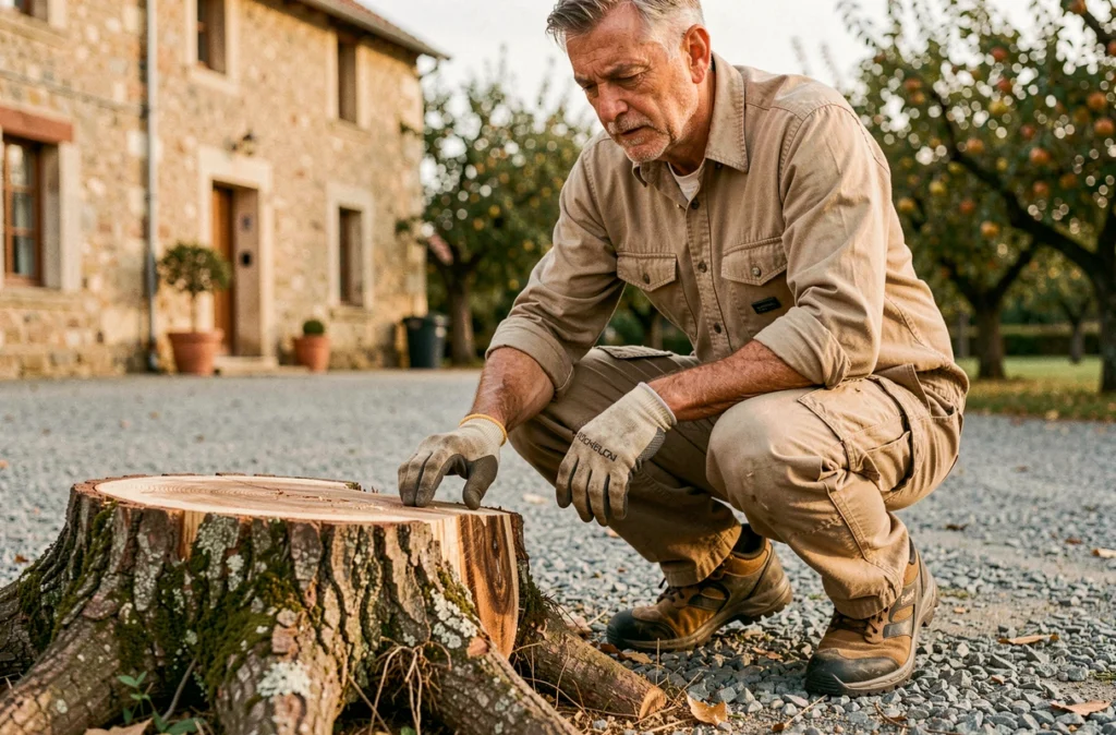 Élagueur inspectant la souche d'un arbre fraîchement abattu sur une propriété rurale