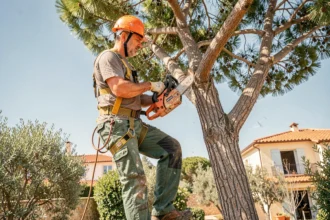 Élagueur professionnel en harnais de sécurité taillant un pin maritime en hauteur dans un jardin à Toulon