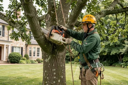 Élagueur professionnel en hauteur réalisant une taille d'arbre dans un jardin résidentiel