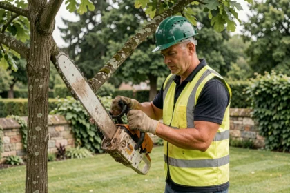 Élagueur professionnel taillant une branche de chêne dans un jardin résidentiel français