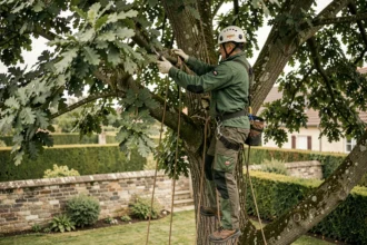 Élagueur professionnel équipé d'un harnais et d'un casque de sécurité taillant un grand chêne dans un jardin de banlieue en Essonne