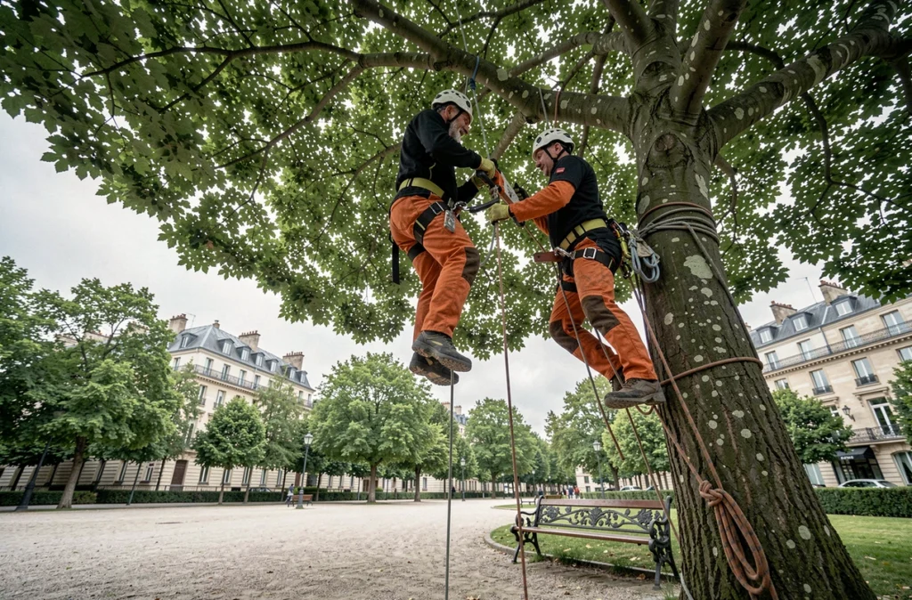 Deux élagueurs en hauteur dans la canopée d'un tilleul en milieu urbain