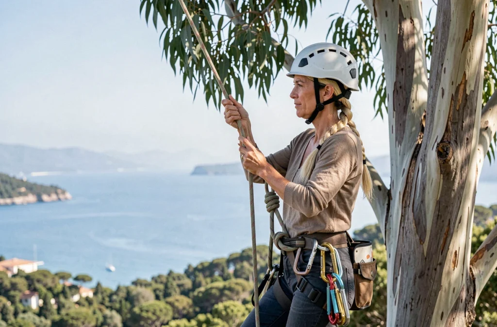 Élagueuse effectuant une inspection en hauteur d'un eucalyptus avec vue sur la rade de Toulon