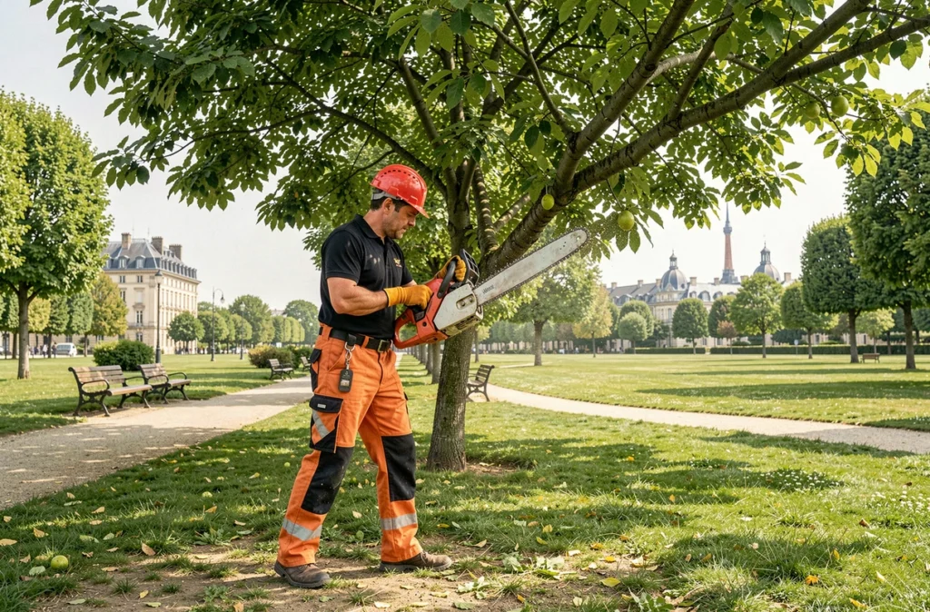 Élagueur d'Equip'Jardin opérant une tronçonneuse sur un arbre dans un parc public du Mans