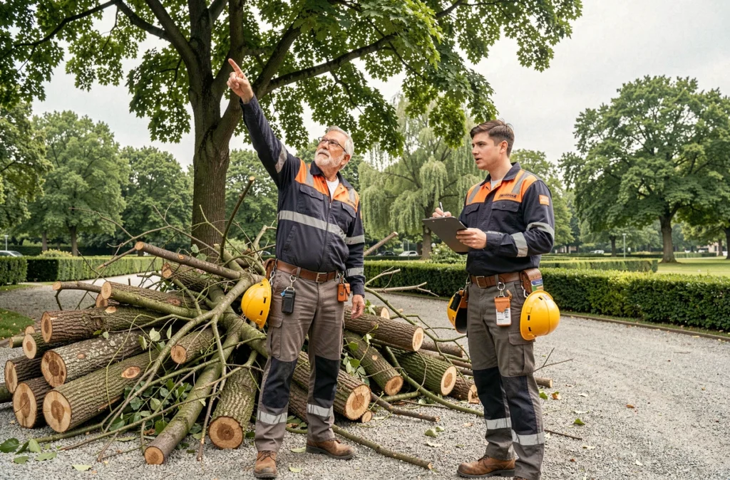Deux arboristes élagueurs professionnels en train d'évaluer un tilleul dans un parc urbain, entourés de bois fraîchement coupé