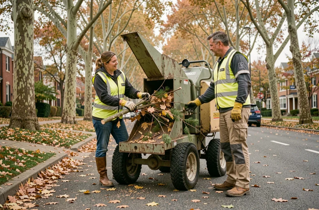 Équipe d'élagage utilisant un broyeur de branches dans une rue résidentielle