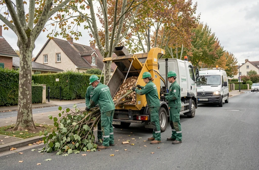 Équipe d'élagueurs déchiquetant des branches après l'entretien d'arbres dans une rue résidentielle