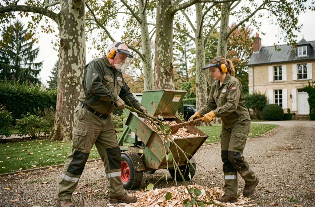 Équipe d'élagueurs utilisant un broyeur de branches dans le jardin d'une maison de campagne en Essonne
