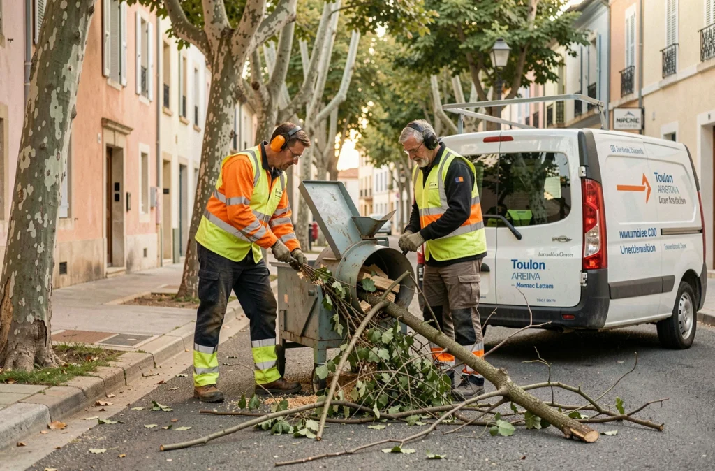 Équipe d'élagueurs utilisant un broyeur de branches dans une rue de Toulon